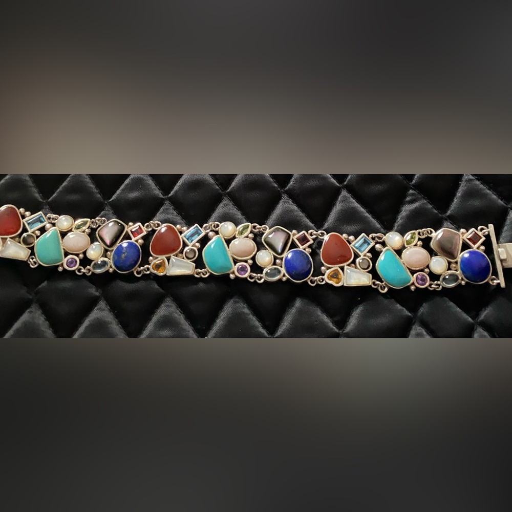 Vintage 925 Silver Turquoise Carnelian & Multi Gem Chain
Bracelet 7.5"